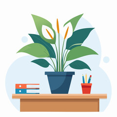 Vibrant Office Desk with Potted Plant, Books, and Stationery.