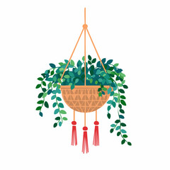 Hanging Basket Plant with Lush Greenery and Decorative Red Tassels