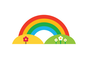 Fototapeta premium Rainbow Across Summer Flat Farm Field With Flowers