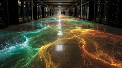 Abstract Colorful Flow on Server Room Floor with Computer Racks