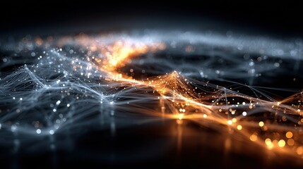 Abstract Digital Landscape with Glowing Lines and Sparkling Particles