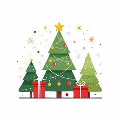Obraz premium Festive Christmas Trees with Presents, Snowflakes, and Golden Star Toppers