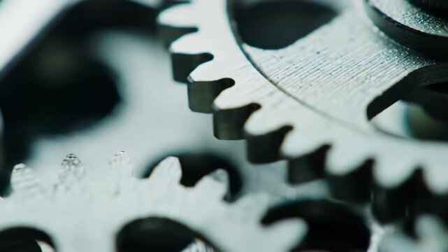 Close-up of interlocking metallic gears showcasing intricate machinery.