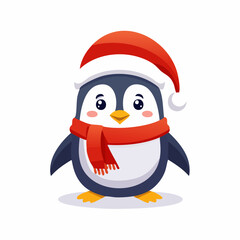 Festive Penguin Wearing Santa Hat and Red Scarf, Smiling Cheerfully.