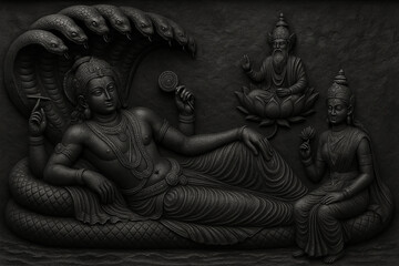 Divine black stone relief sculpture of Lord Vishnu in Anantashayana posture resting on the serpent Sheshnag, with Goddess Lakshmi seated at his feet and Lord Brahma emerging from a lotus above.