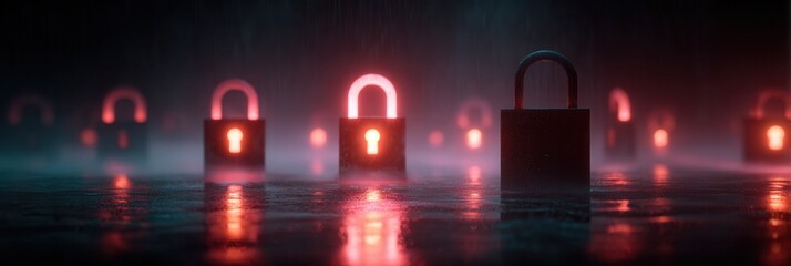 Mysterious Locks with Glowing Keyholes in a Dark Ambiance