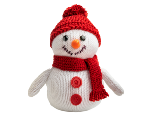 Charming knitted snowman toy with a bright red hat and scarf stands against a black backdrop exuding winter holiday cheer, transparent background
