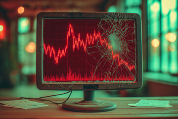 Stock market crash depicted on a broken computer screen with a red graph showing downward trend, symbolizing financial loss.