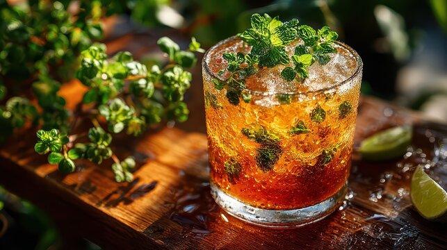 Refreshing citrus cocktail with mint and ice served in a glass on wooden surface with greenery - Powered by Adobe