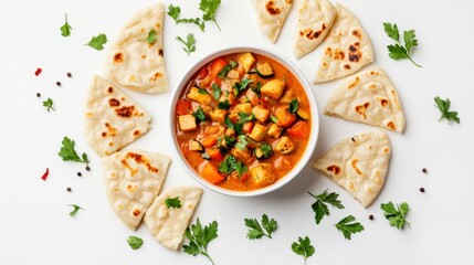 Flavorful Curry and Naan Delight: A vibrant arrangement showcases a delicious curry dish with freshly baked naan bread. Emphasizing the textures and colors of this culinary masterpiece.