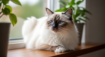 Majestic Ragdoll cat with striking blue eyes sits gracefully on a sunlit windowsill surrounded by lush green potted plants creating a serene and cozy atmosphere