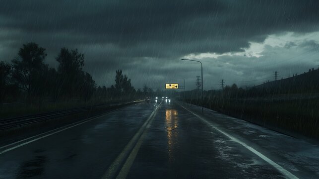 Dark road at night vehicles approaching under cloudy skies
