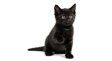 Cute Black Kitten Sitting and Raising Paw Isolated on White Background