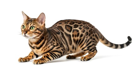 Bengali Cat with Spotted Fur and Green Eyes Posing in a Playful Stance Isolated on White Background