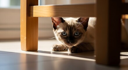 Fototapeta na wymiar Curious kitten peeking out from under a wooden chair in bright sunlight