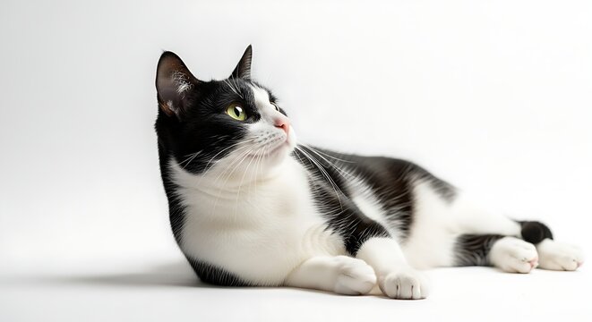 A black and white cat with a snowy coat lies on a white background looking curiously to the side