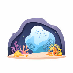 Colorful Underwater Cave Scene with Coral, Fish, and Sandy Seabed