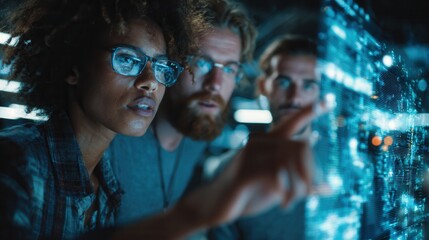 Diverse Team Analyzing Data on Digital Screen in Modern Office