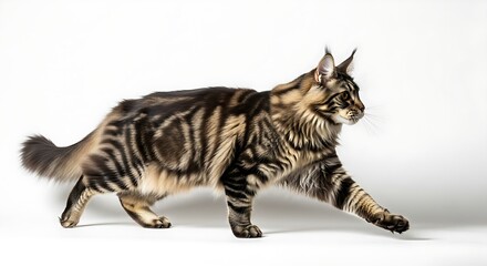 Fototapeta premium Maine Coon Cat Walking Gracefully Isolated on White Background Full Body Studio Shot