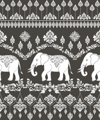 Hand drawn an Elephant abstract floral embroidery Thai traditional pattern vector illustration design.
