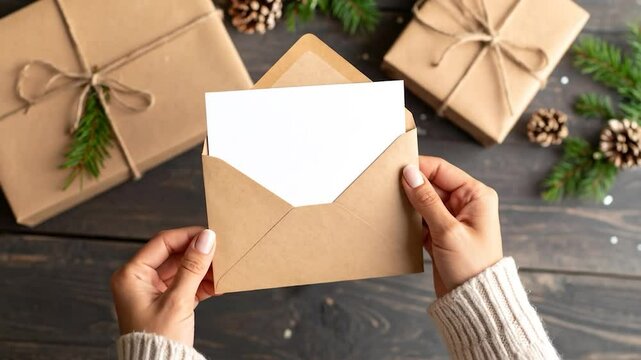 Woman holds envelope with blank card