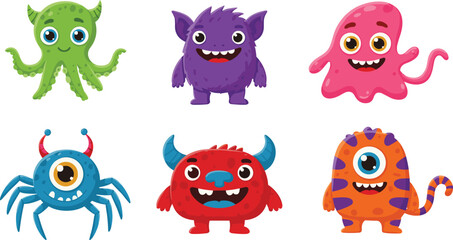 Cute cartoon colorful monsters set, funny fantasy creatures, isolated vector illustration, adorable alien characters, children art, playful monster clipart