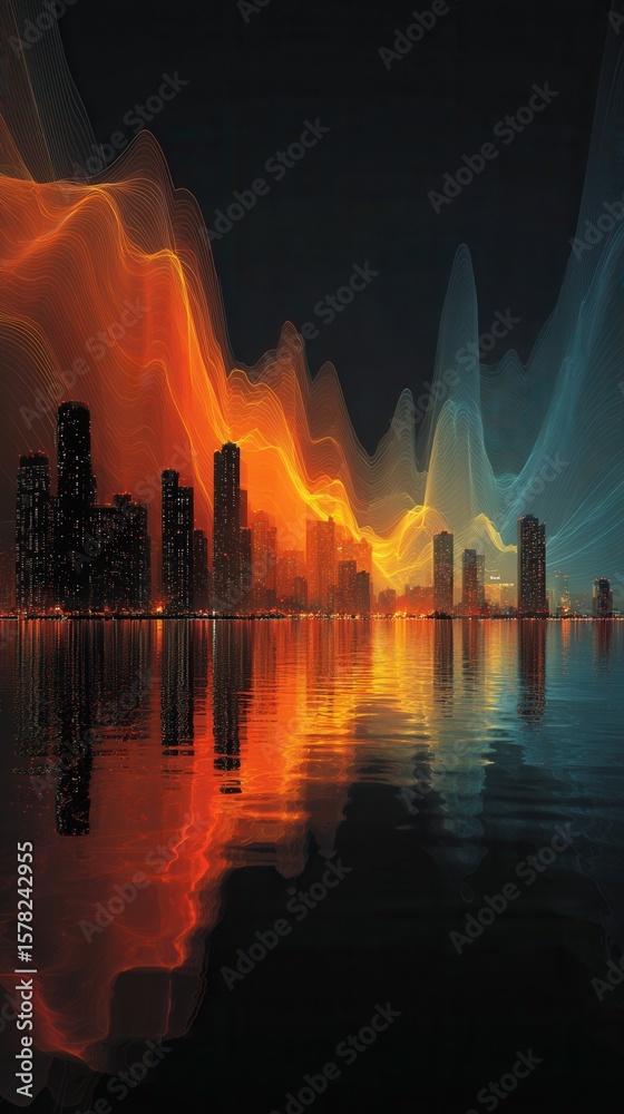 Sticker colorful night skyline with abstract wave patterns and reflection