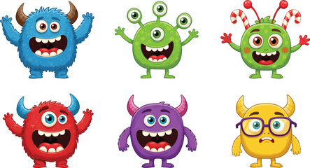 Cartoon colorful funny monsters collection, cute alien creatures set, happy fantasy characters, vector illustration for kids, isolated on white background