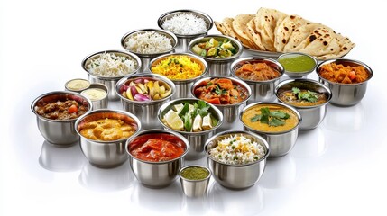 Thali Platter Feast: A vibrant assortment of Indian dishes arranged in stainless steel bowls, featuring curries, rice, vegetables, and flatbread.