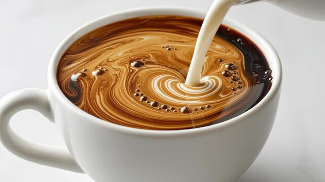 Coffee oat milk. Cream pouring into hot coffee cup creating white swirling pattern with bubbles surface, creamy liquid beverage with rich texture and inviting aroma