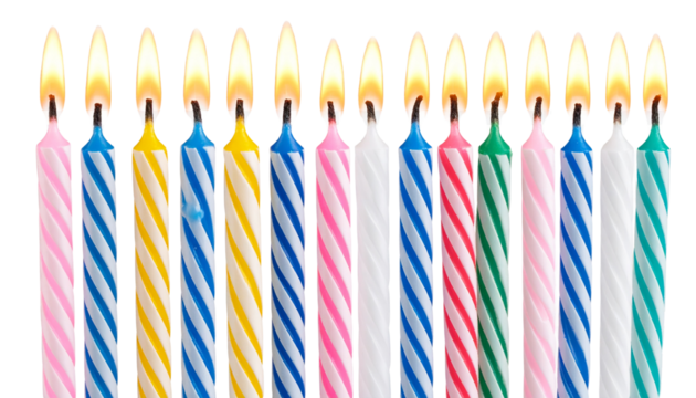 colorful birthday candles clipping path isolated on transparent background form