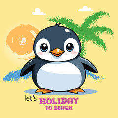 Cute cartoon penguin on summer holiday with palm trees vector illustration