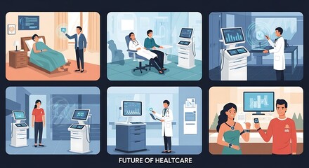 Collage depicting future healthcare scenarios: doctor with patient in hospital, consultation, medical device interaction, and remote monitoring.