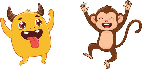 Funny cartoon monkey and monster, cute character duo illustration, playful happy design for children, isolated vector on white background art