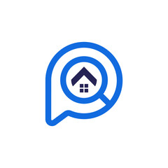A blue speech bubble or location pin incorporates a house icon within a magnifying glass, signifying property search or real estate insights