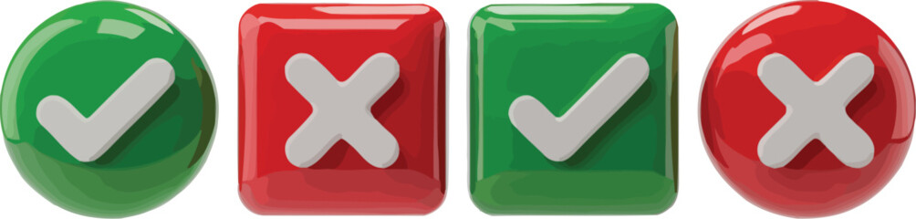Obraz premium A visual representation of green check marks and red x marks in round and square shapes on white