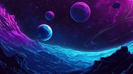 Cosmic landscape planets and nebulae in a starry night sky