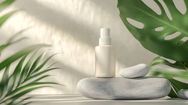Skincare branding template with lotion container on zen stone and leafy setting..