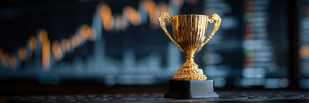Golden Trophy on a Desk with Financial Data Background