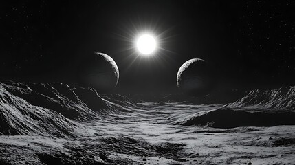 Cosmic landscape two planets illuminated by radiant celestial body