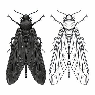 Detailed Illustration of Black and White Insect Anatomy of Cicada