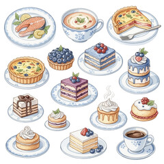 Watercolor Illustration of Various Delicious Food Items on Decorative Plates.