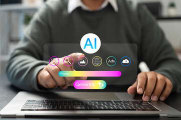 Businessman interacts with generative AI interface using prompt input to create content,Visuals, innovative ideas. Advanced technology, artificial intelligence,Creativity tools in digital work.