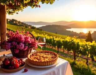 Outdoor picnic with pie and wine at sunset