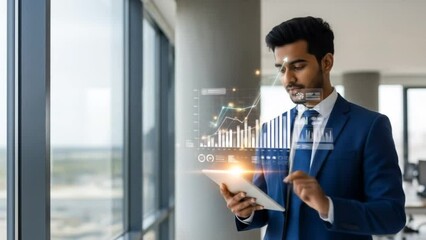 Confident businessman using tablet with futuristic financial charts near office window. Business and technology concept
 - Powered by Adobe