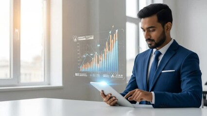 Businessman in formal suit analyzing futuristic digital financial graph on tablet at office desk. Business and technology concept
- Powered by Adobe