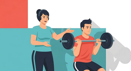 Obraz premium Personal trainer assisting man lifting barbell in gym fitness workout session
