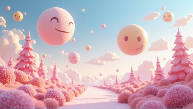 A whimsical landscape with pink trees and smiling emoji-like spheres floating in a pastel sky with fluffy clouds, creating a dreamy and cheerful atmosphere. - Powered by Adobe