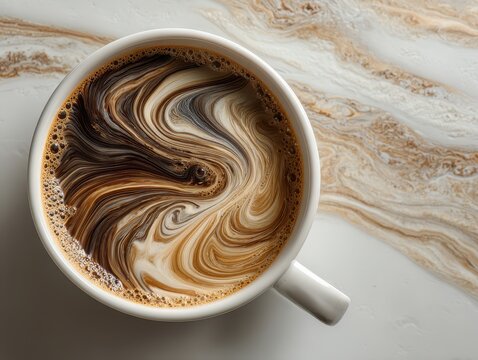 Elegant top view of a cup of coffee with swirling cream creating intricate patterns on surface