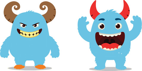 Two blue cartoon monsters with big horns, expressive faces, vector illustration, funny characters, isolated design, children artwork, fantasy creatures, playful emotion © Khadija Creatives